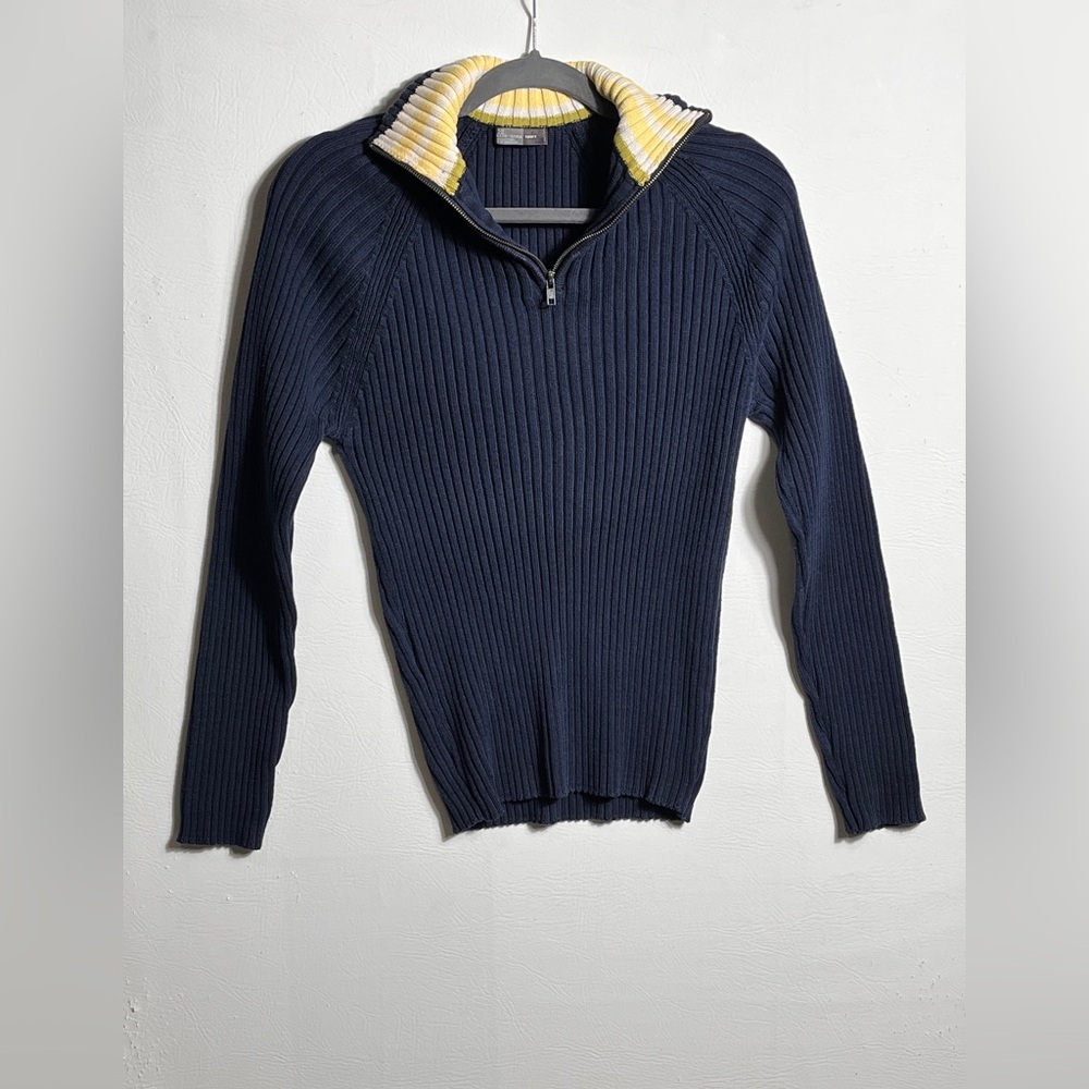 Zara Sport Navy Blue Ribbed 1/4 Zip Turtleneck Sweater Medium